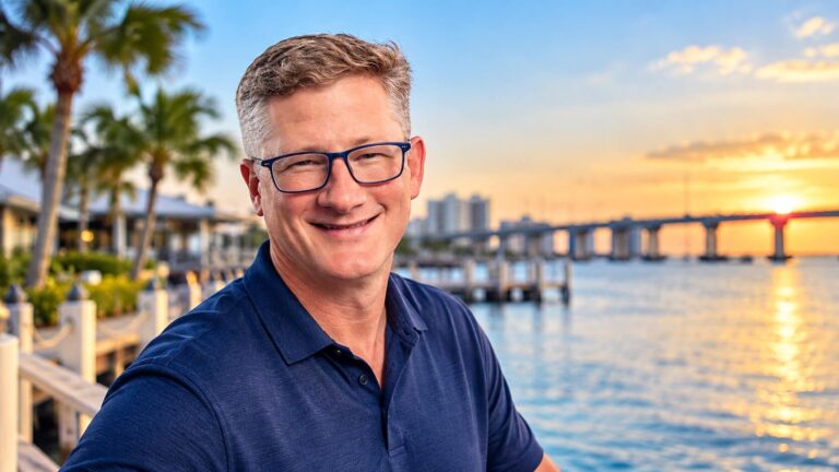 Dave Bailey, Tampa Bay REALTOR®, smiling along the Florida waterfront at sunset.