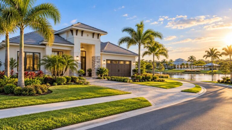 Modern Florida home with palm trees overlooking a lake and community clubhouse, showcasing Tampa Bay homes and neighborhoods.