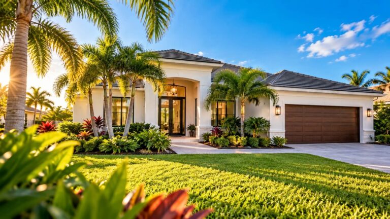 Beautiful Florida single-story home with palm trees and tropical landscaping, representing Tampa Bay home value and property valuation services.